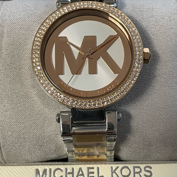 MICHAEL KORS Women's Parker Rose Gold/Silver Crystal Watch MK Logo MK6314 New! - Picture 4 of 10